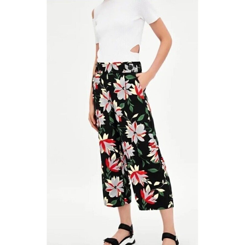 Zara TRF Collection Women's Sz S Black Orange Floral Wide-Leg High-Rise Pants